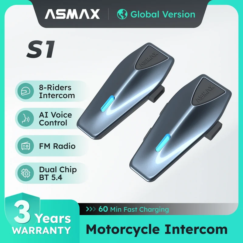 ASMAX Blue S1 Motorcycle Intercom Helmet Mesh Group Communication, Voice Control Bluetooth Headset for Snowmobile, Ski & ATV