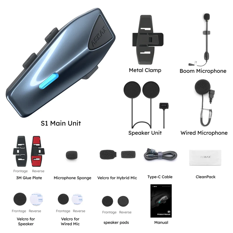 ASMAX Blue S1 Motorcycle Intercom Helmet Mesh Group Communication, Voice Control Bluetooth Headset for Snowmobile, Ski & ATV
