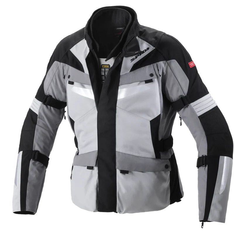 Spidi Alpentrophy H2Out Black Grey Winter Jacket for motorcycle enthusiasts features a waterproof, breathable H2Out membrane, CE certified protection, removable thermal liner, and customizable fit with reflectors for enhanced