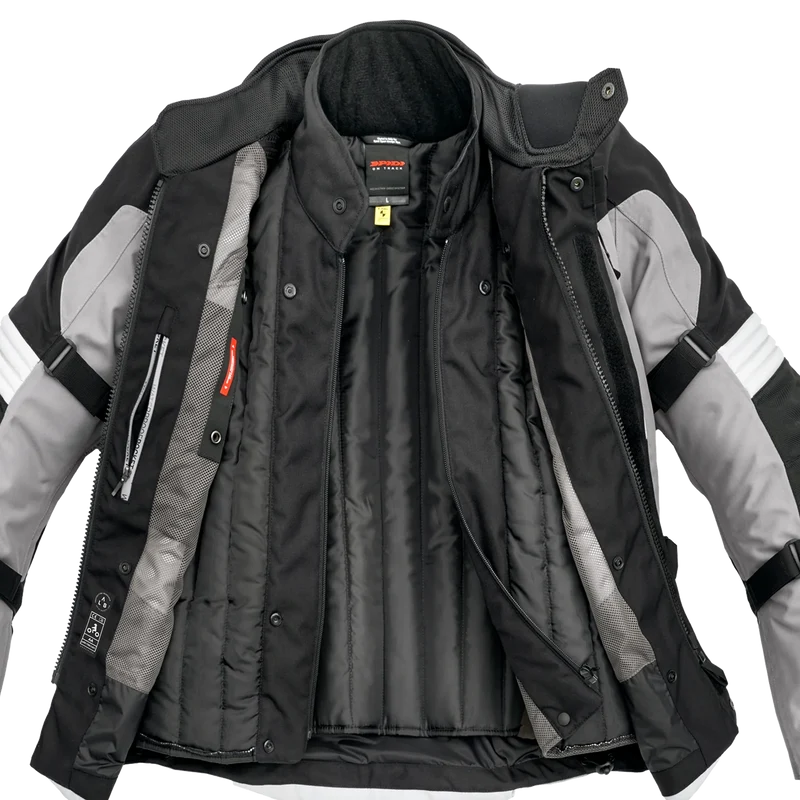 Spidi Alpentrophy H2Out Black Grey Winter Jacket for motorcycle enthusiasts features a waterproof, breathable H2Out membrane, CE certified protection, removable thermal liner, and customizable fit with reflectors for enhanced