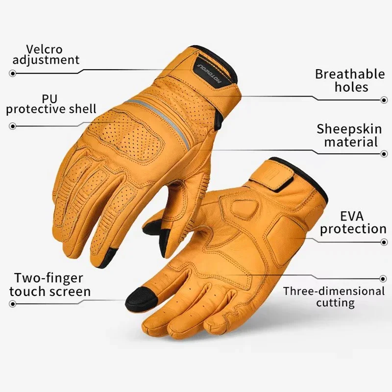 Summer Retro Perforated Leather Motorcycle Gloves Men Women Full Finger Motocross Biker Glove Guantes Moto Equipment M-XXL