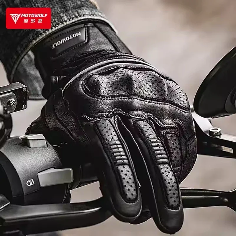 Summer Retro Perforated Leather Motorcycle Gloves Men Women Full Finger Motocross Biker Glove Guantes Moto Equipment M-XXL