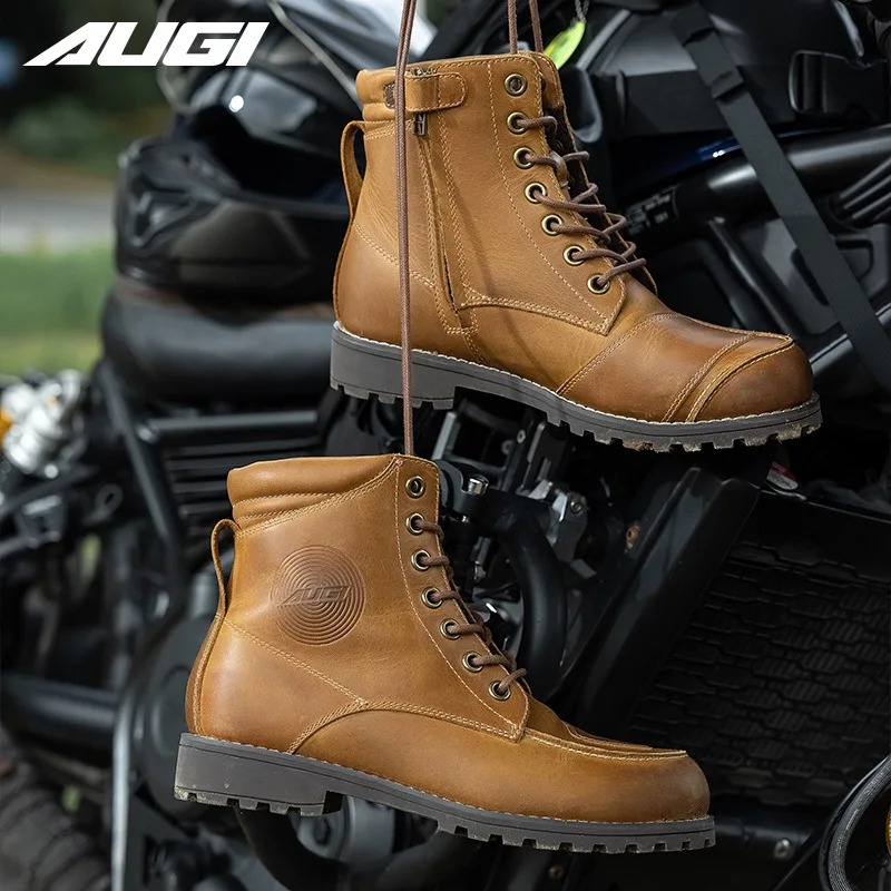 Retro Cowhide Motorcycle Boots for Men Women Anti-Fall Vintage Motocross Riding Gear Casual Wear-Resistant Commuting Footwear