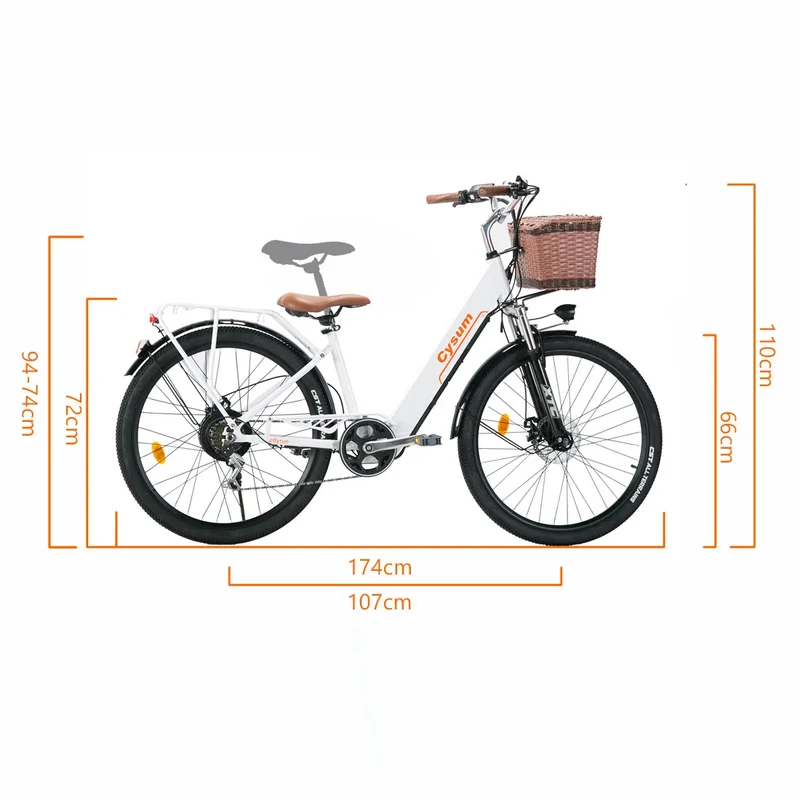 Cysum Cityrun Electric Bicycle 26'' Adult Men Women 250W Motor 25km/h E-Bike with 36V 10Ah Li-Battery Sports Cycling Vehicle