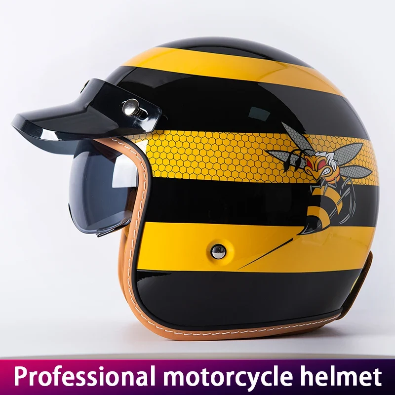 Retro Motorcycle Helmet Three-Quarter Bike Headwear for Men And Women Electric Vehicle Built-in Windshield Cruising Helmet