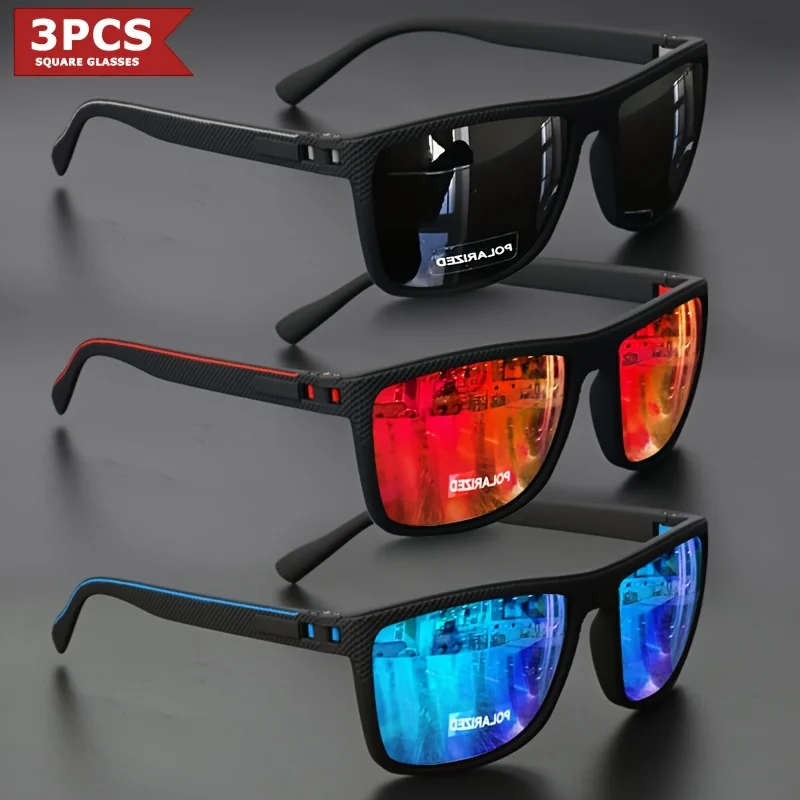 3pcs New Square Sunglasses Full Frame Polarized Spring Hinge Lightweight Unisex for Driving Fishing Sports Fashion