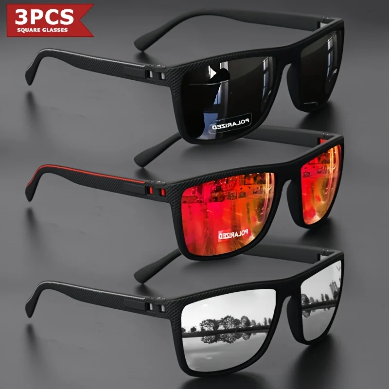 3pcs New Square Sunglasses Full Frame Polarized Spring Hinge Lightweight Unisex for Driving Fishing Sports Fashion