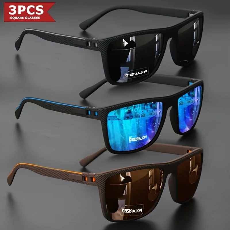 3pcs New Square Sunglasses Full Frame Polarized Spring Hinge Lightweight Unisex for Driving Fishing Sports Fashion