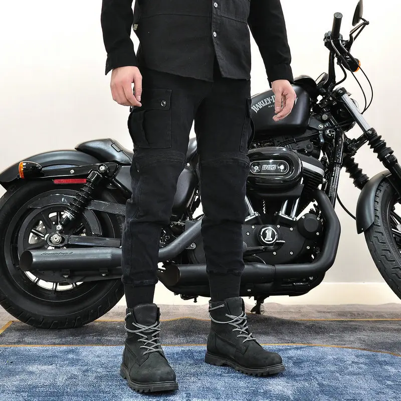 Men's Motorcycle Riding Jeans Windproof Casual Motorcycle Pants Anti-drop Workwear Pants with Adjustable Protective Gear