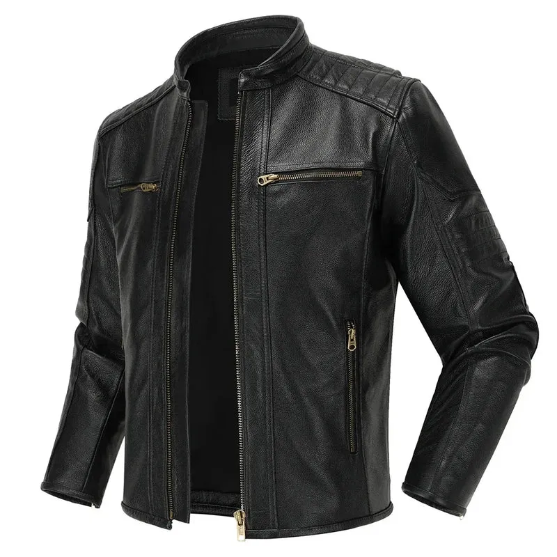 Men's Natural Leather Jacket First Layer Calfskin Stand Collar Motorcycle Jacket Retro Brown Cowhide Jacket Men‘s Biker Clothes