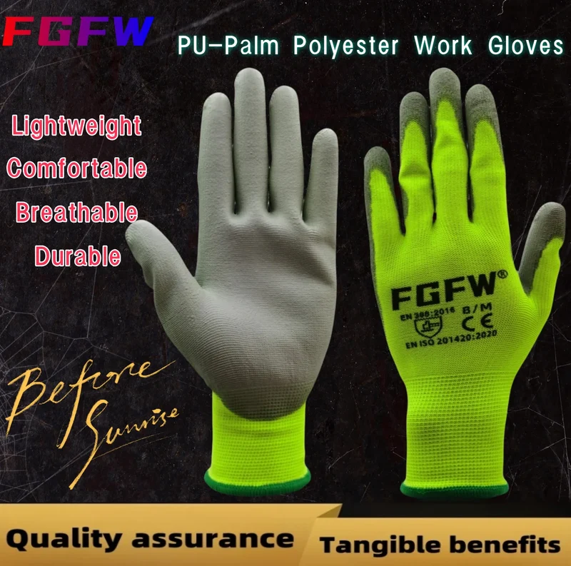10 Pairs PU Coated Work Gloves - Lightweight, Durable Safety Gloves EN 388/ISO20471 Certified, Sizes S/M/L/XL