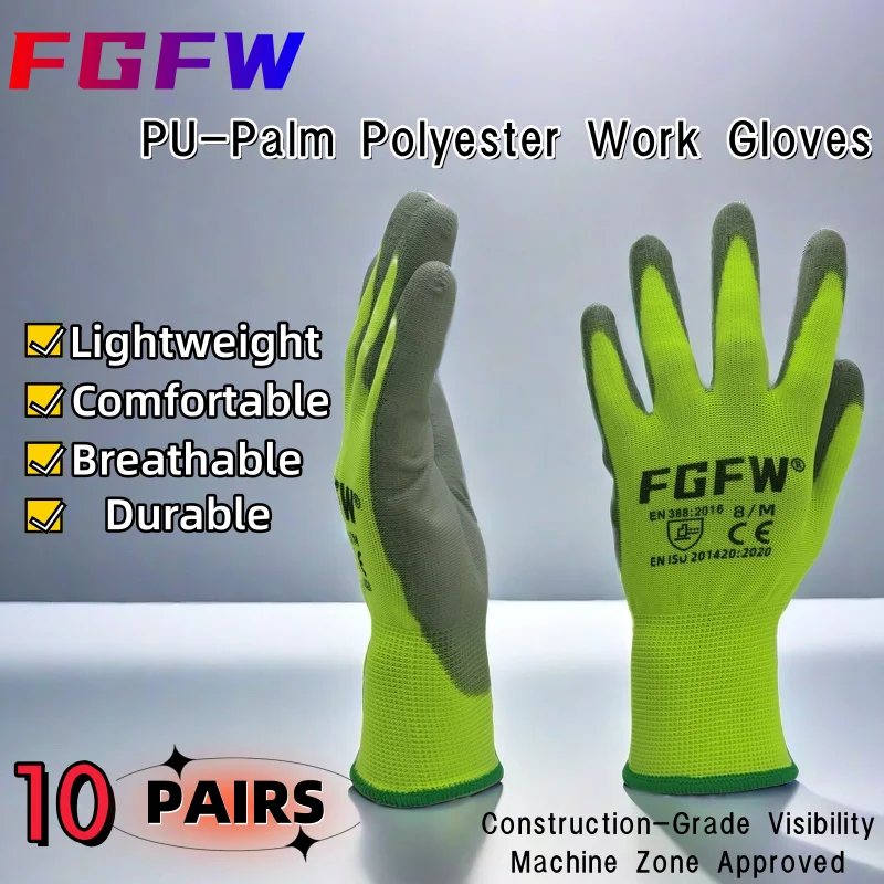 10 Pairs PU Coated Work Gloves - Lightweight, Durable Safety Gloves EN 388/ISO20471 Certified, Sizes S/M/L/XL