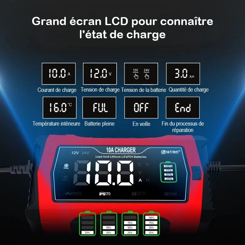 Chargeur de batterie moto 10A 12V-24V