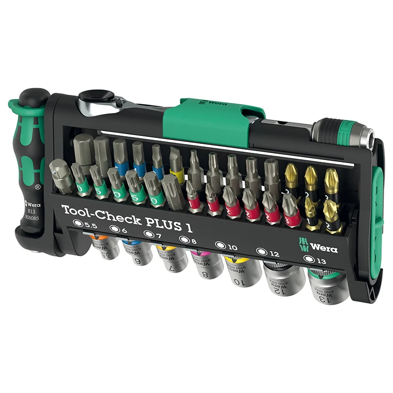 Mini Cliquet, Porte Embout Wera Tool Check Plus 1 1-4 Avec Douilles Et Embout Noir-Vert (Set 39 Pieces) -Marque Allemande Pour Les Ateliers-