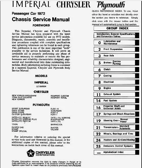 manuel d'atelier Plymouth Chrysler Impérial 1972