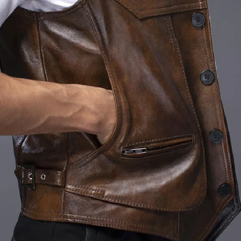 Gilet biker en cuir marron vintage