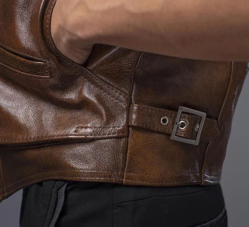 Gilet biker en cuir marron vintage