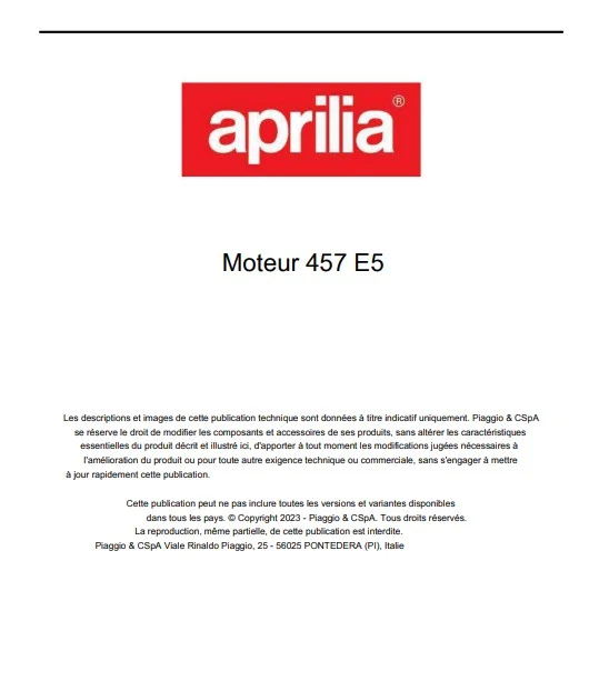 Manuel d'atelier Aprilia RS 457 2024 français