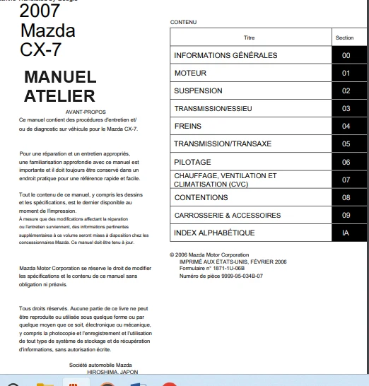Manuel d'atelier Mazda CX7 2007 français