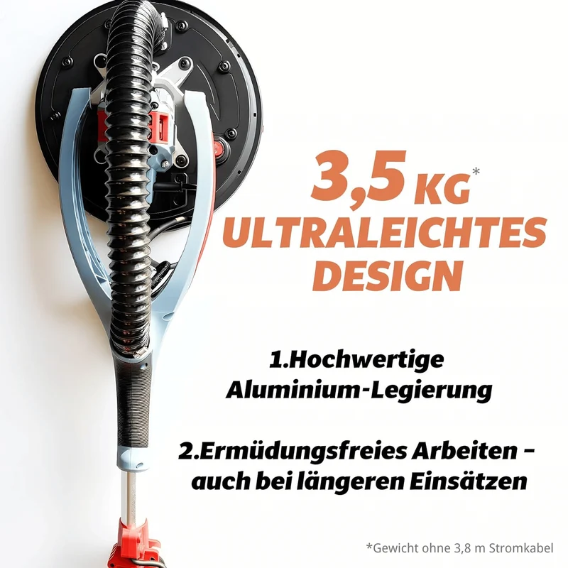 FANZWORK Trockenbauschleifer mit Bürstenlosem EC-Motor 900W, ULTRA-Leicht, 225mm Schleifgiraffe, bis 2300 U/min, Länge bis 1,9m, inkl. LED, 3,8m Kabel, Schleifscheiben, Sauger-Adapter, Tragkoffer