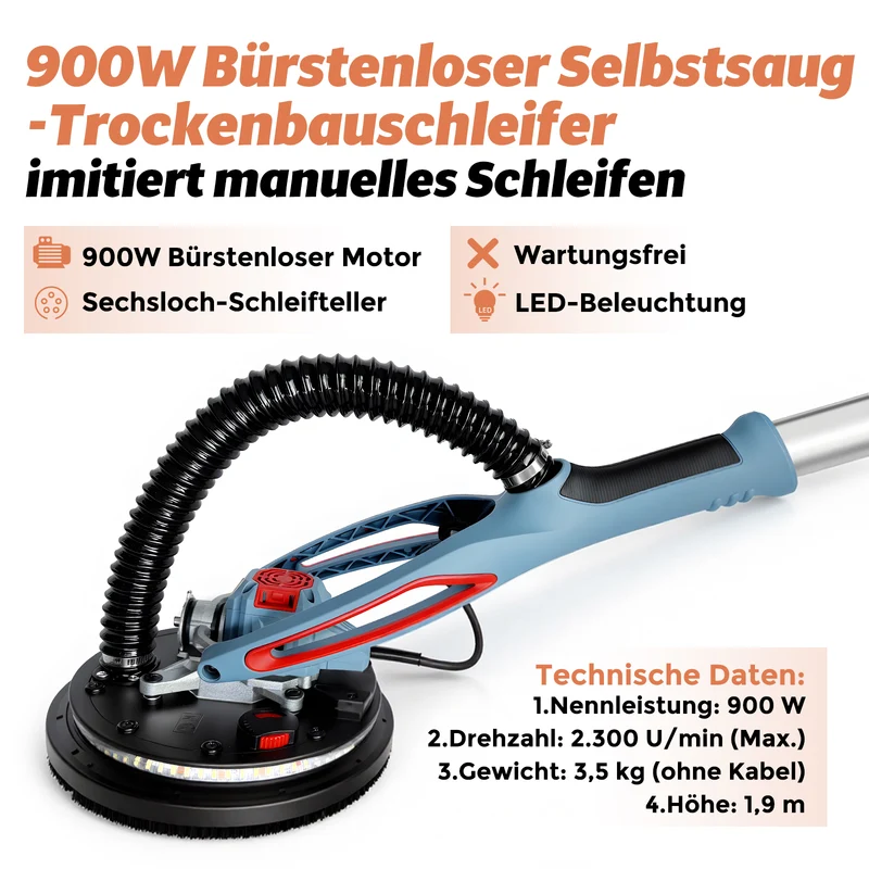 FANZWORK Trockenbauschleifer mit Bürstenlosem EC-Motor 900W, ULTRA-Leicht, 225mm Schleifgiraffe, bis 2300 U/min, Länge bis 1,9m, inkl. LED, 3,8m Kabel, Schleifscheiben, Sauger-Adapter, Tragkoffer