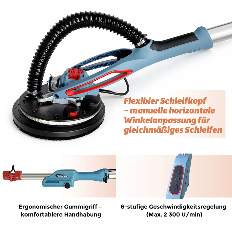 FANZWORK Trockenbauschleifer mit Bürstenlosem EC-Motor 900W, ULTRA-Leicht, 225mm Schleifgiraffe, bis 2300 U/min, Länge bis 1,9m, inkl. LED, 3,8m Kabel, Schleifscheiben, Sauger-Adapter, Tragkoffer