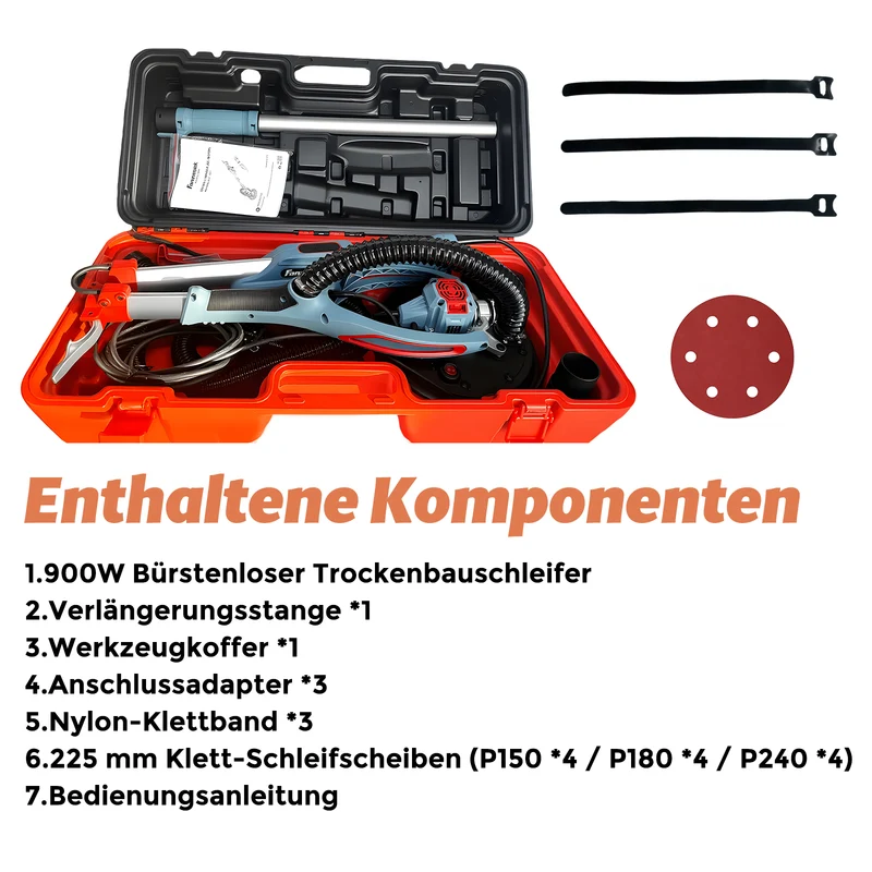 FANZWORK Trockenbauschleifer mit Bürstenlosem EC-Motor 900W, ULTRA-Leicht, 225mm Schleifgiraffe, bis 2300 U/min, Länge bis 1,9m, inkl. LED, 3,8m Kabel, Schleifscheiben, Sauger-Adapter, Tragkoffer
