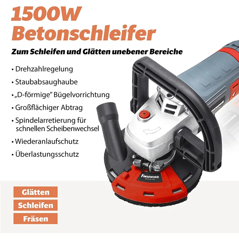 FANZWORK Betonschleifer Betonfräse Set mit Diamantschleiftopf und Absaughaube (1500W/125mm+) FT-2302