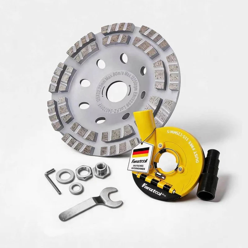 #1P NEU FANZWORK 3.Generation Absaughaube für Winkelschleifer inkl. 125 mm Diamantschleiftopf PROFI QUALITÄT – Bürsten Auswechselbar – 99% Universal passend – Verstärkter Adapterring – M14 Adapter