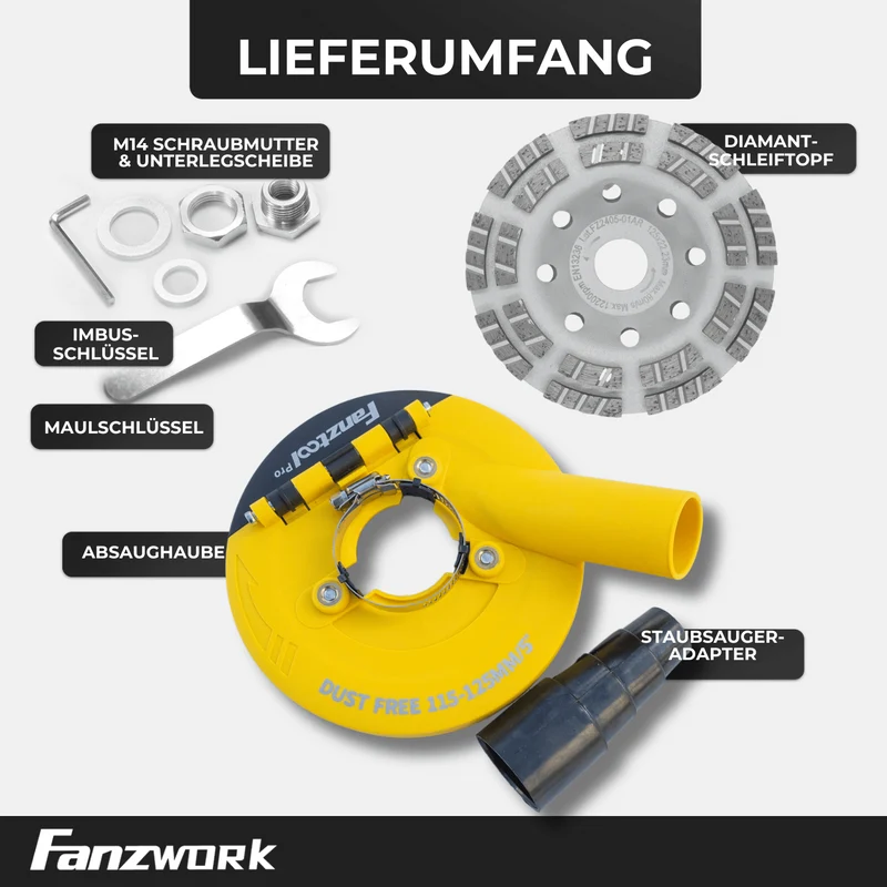 Neuwertig #1P FANZTOOL Pro Absaugaufsatz Absaughaube für Winkelschleifer inkl. 125 mm Diamantschleiftopf PROFI QUALITÄT – Bürsten Auswechselbar – 99% Universal passend – Verstärkter Adapterring – M14 Adapter
