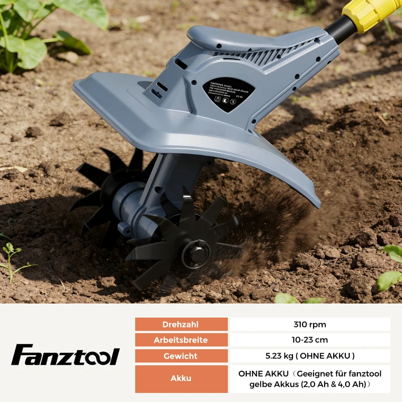 Neuwertig Akku-Motorhacke mit 23cm Arbeitsbreite,16 cm Arbeitstiefe, Akku Gartenfräse mit 4 Robuste Hackmesser, Bodenhacke für klein Beet & Garten(ohne Akku)