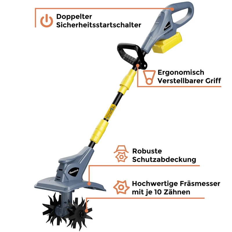 FANZTOOL Akku-Motorhacke mit 20V/4.0Ah Akku, 23cm Arbeitsbreite,16 cm Arbeitstiefe, Akku Gartenfräse mit 4 Robuste Hackmesser, Bodenhacke für klein Beet & Garten