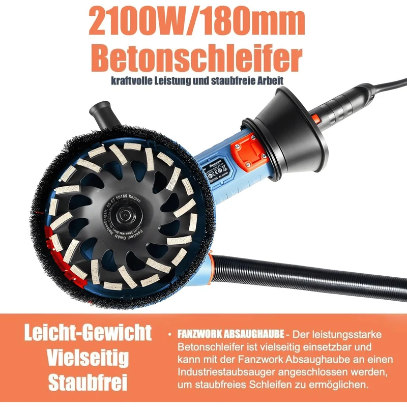 Gebraucht 2100W / 180mm Betonschleifer Betonfräse Set, inkl. Premium 180mm Diamantschleiftopf *2, Absaughaube, T-Förmiger Griff