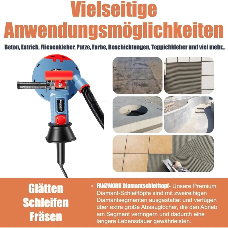 Gebraucht 2100W / 180mm Betonschleifer Betonfräse Set, inkl. Premium 180mm Diamantschleiftopf *2, Absaughaube, T-Förmiger Griff