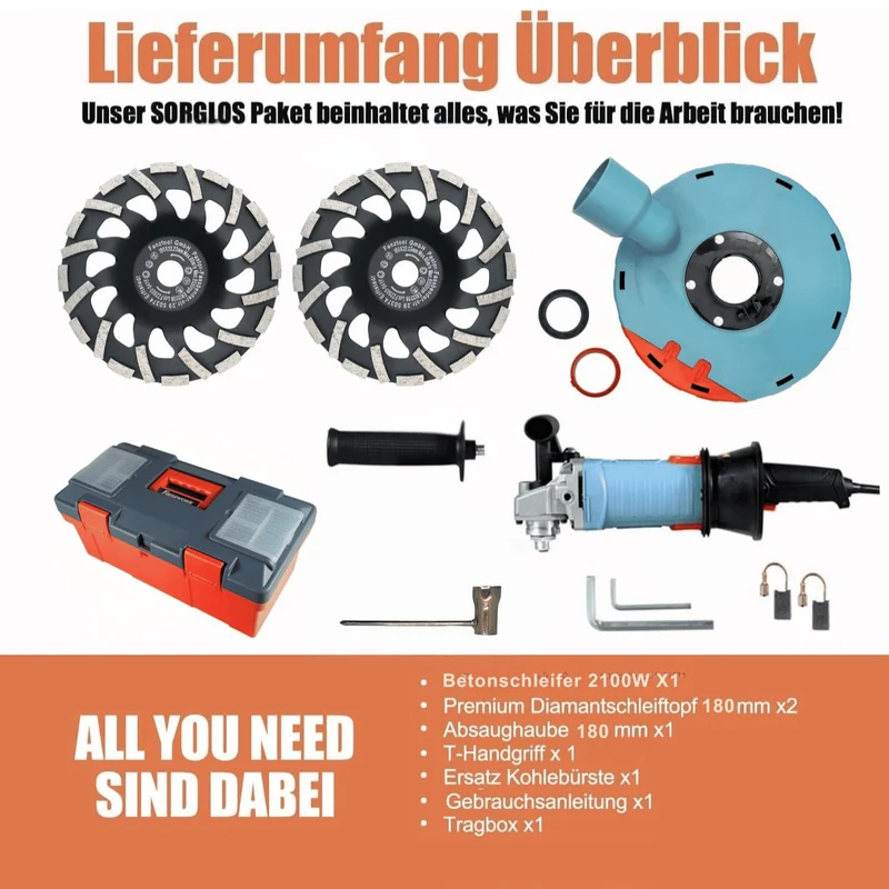 Gebraucht 2100W / 180mm Betonschleifer Betonfräse Set, inkl. Premium 180mm Diamantschleiftopf *2, Absaughaube, T-Förmiger Griff