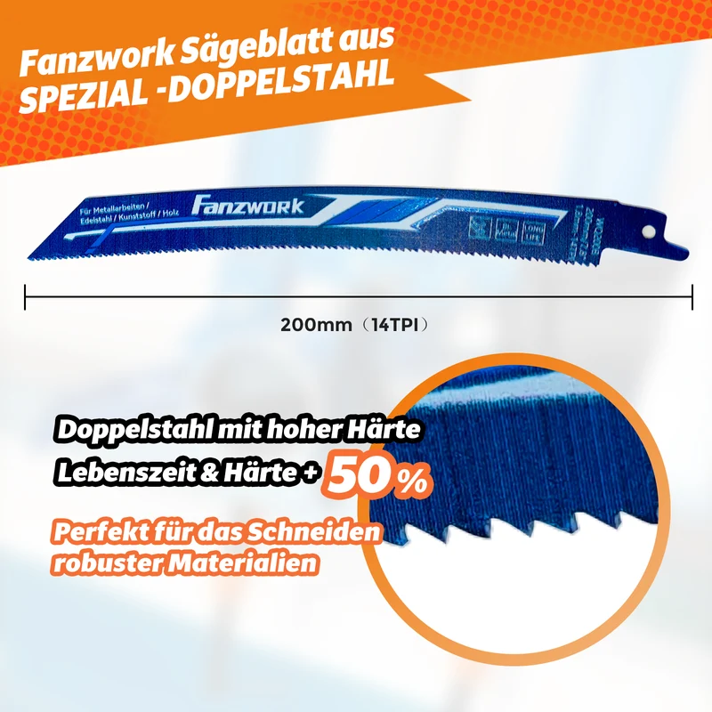 Fanzwork Bi-Metall Säbelsägeblätte 200 mm Länge, 1.8 mm Stärke, 14TPI – Lange Lebensdauer, Für Metall, Edelstahl, Kunststoff & Holz, Universelle Kompatibilität