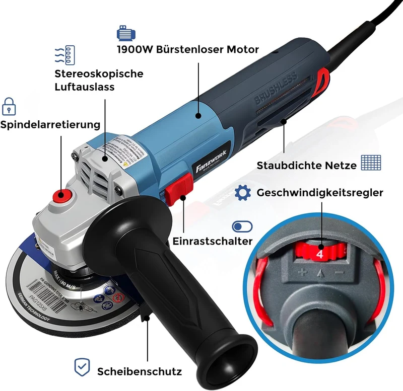 FANZWORK Winkelschleifer max. 1900 W Bürstenloser EC Motor, Schutzhaube 125mm *1, 2 kg Leicht, 6-Stufig Regelbare Drehzahl (3000–10000 U/min), Präzises Schleifen, Wartungsfrei