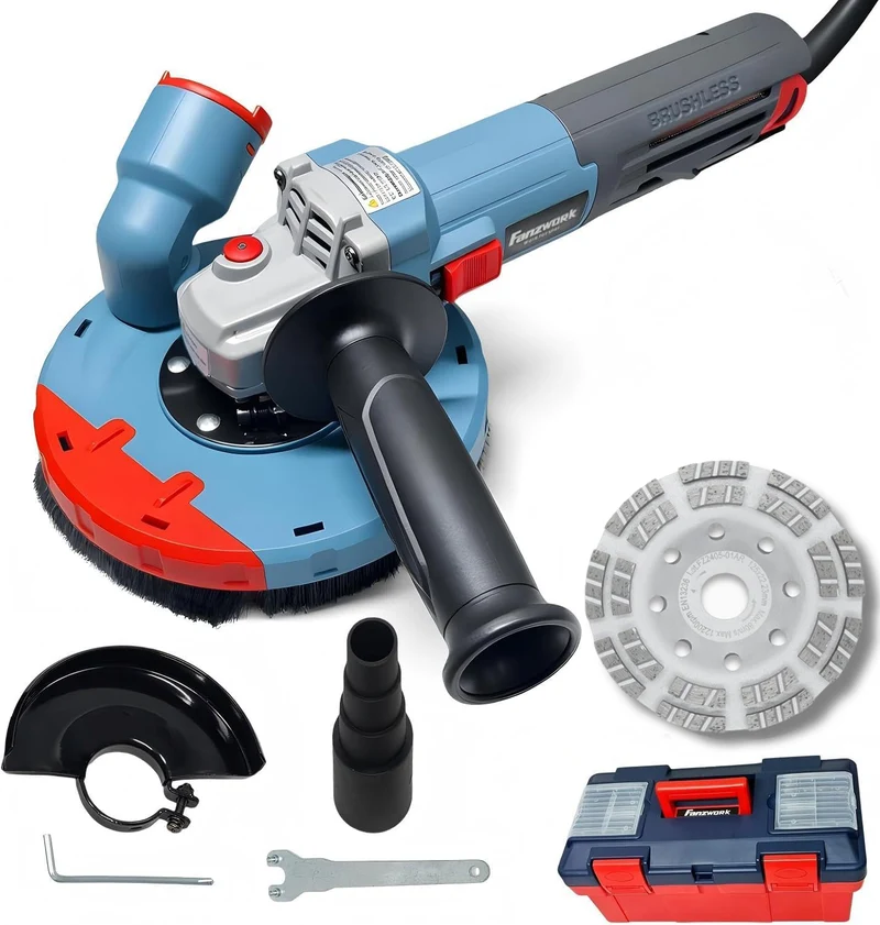 Betonschleifer Winkelschleifer Set max. 1900 W mit bürstenlosem EC-Motor, Betonfräse inkl. 125 mm Diamantschleiftopf, Absaughaube und Tragkoffer – präzises und wartungsfreies Schleifen