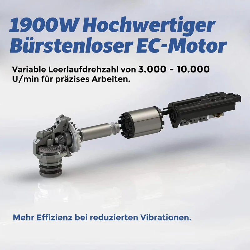 Betonschleifer Winkelschleifer Set max. 1900 W mit bürstenlosem EC-Motor, Betonfräse inkl. 125 mm Diamantschleiftopf, Absaughaube und Tragkoffer – präzises und wartungsfreies Schleifen