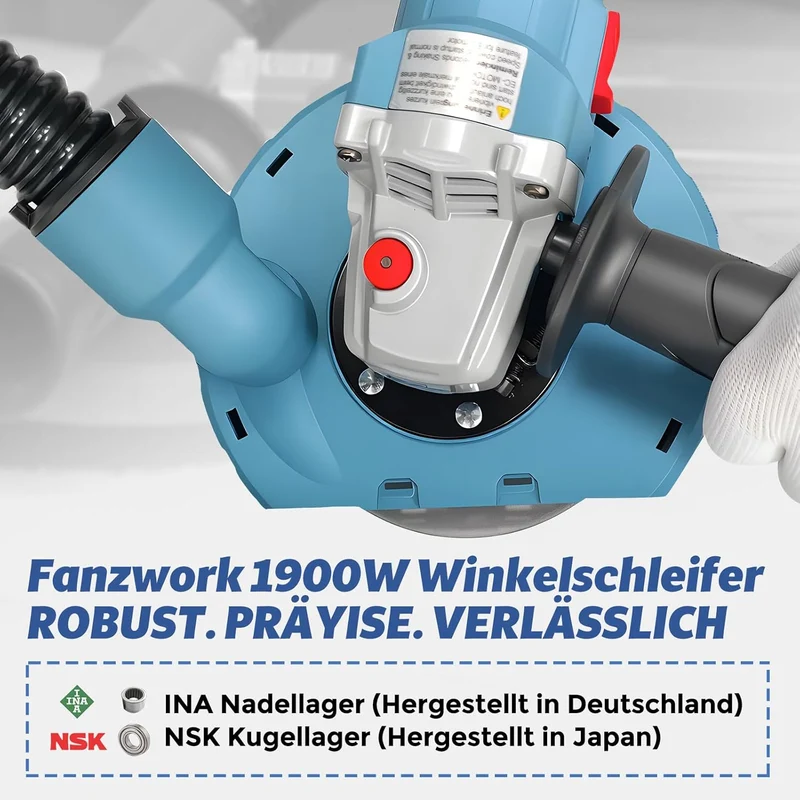 Betonschleifer Winkelschleifer Set max. 1900 W mit bürstenlosem EC-Motor, Betonfräse inkl. 125 mm Diamantschleiftopf, Absaughaube und Tragkoffer – präzises und wartungsfreies Schleifen