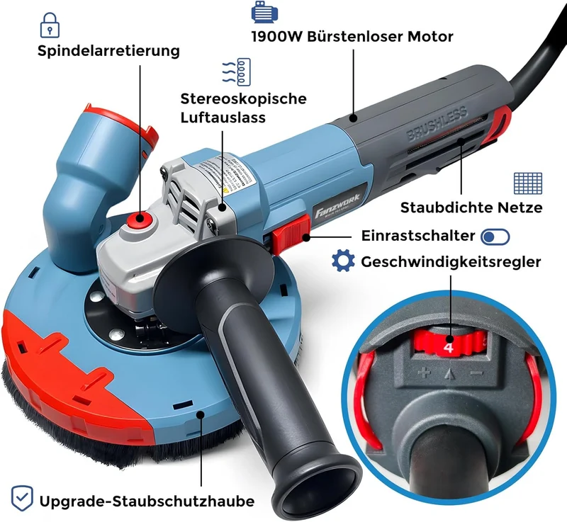 Betonschleifer Winkelschleifer Set max. 1900 W mit bürstenlosem EC-Motor, Betonfräse inkl. 125 mm Diamantschleiftopf, Absaughaube und Tragkoffer – präzises und wartungsfreies Schleifen