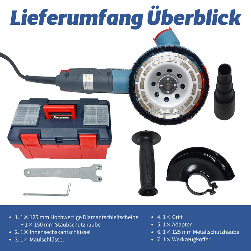 Betonschleifer Winkelschleifer Set max. 1900 W mit bürstenlosem EC-Motor, Betonfräse inkl. 125 mm Diamantschleiftopf, Absaughaube und Tragkoffer – präzises und wartungsfreies Schleifen