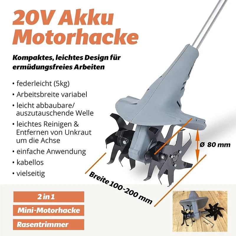 15A FANZTOOL 20V Motorhacke Mini-Bodenhacke Bodenfräse +Rasentrimmer Set mit 20cm Arbeitsbreite