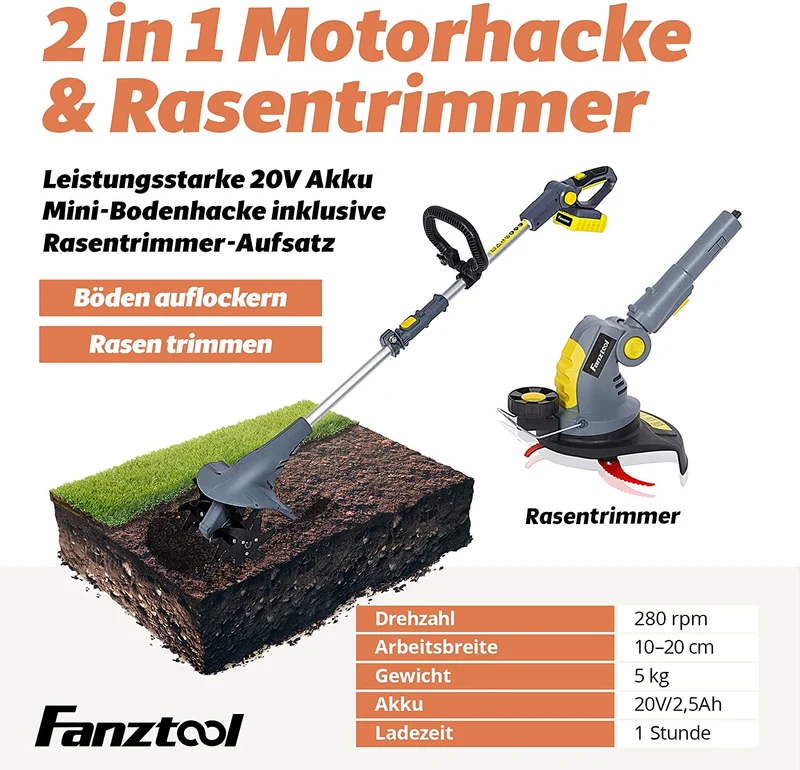 15A FANZTOOL 20V Motorhacke Mini-Bodenhacke Bodenfräse +Rasentrimmer Set mit 20cm Arbeitsbreite