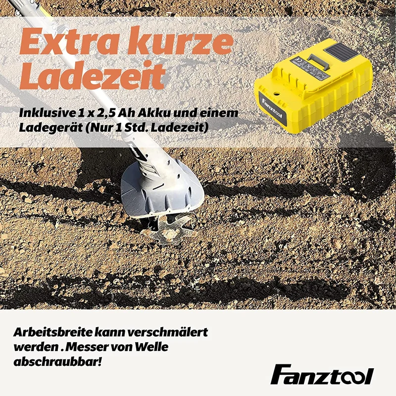 15A FANZTOOL 20V Motorhacke Mini-Bodenhacke Bodenfräse +Rasentrimmer Set mit 20cm Arbeitsbreite