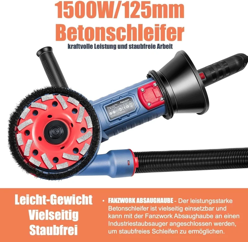 FANZWORK 1500W Betonschleifer Betonfräse Set, Drehzahlregelbar, inkl. Premium 2x125mm Diamantschleiftopf, Absaughaube, T-Förmiger Griff FZ-WB2304B