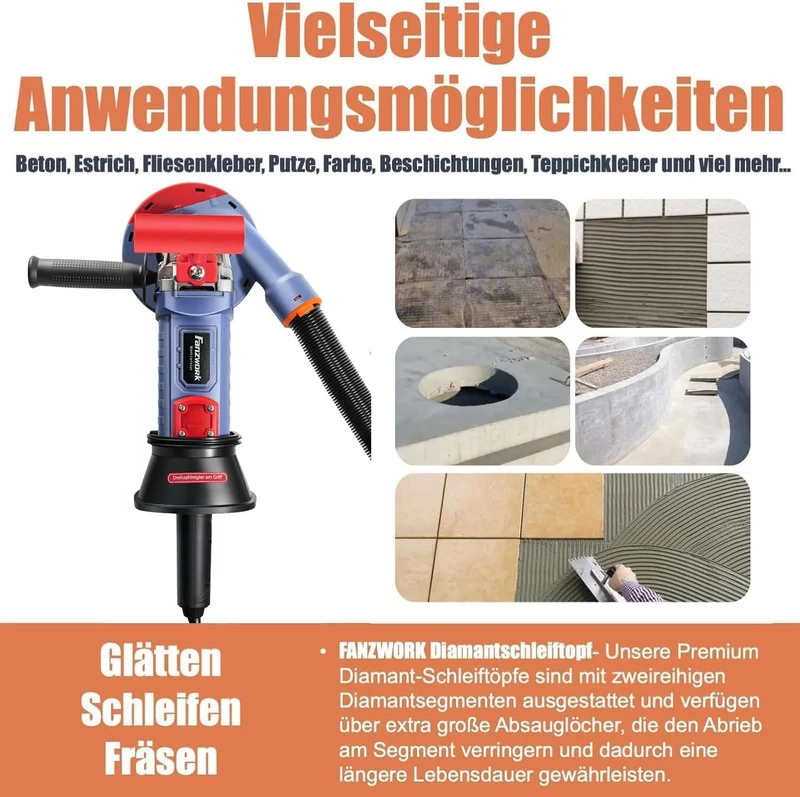FANZWORK 1500W Betonschleifer Betonfräse Set, Drehzahlregelbar, inkl. Premium 2x125mm Diamantschleiftopf, Absaughaube, T-Förmiger Griff FZ-WB2304B