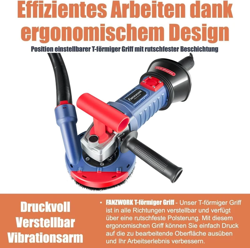 FANZWORK 1500W Betonschleifer Betonfräse Set, Drehzahlregelbar, inkl. Premium 2x125mm Diamantschleiftopf, Absaughaube, T-Förmiger Griff FZ-WB2304B