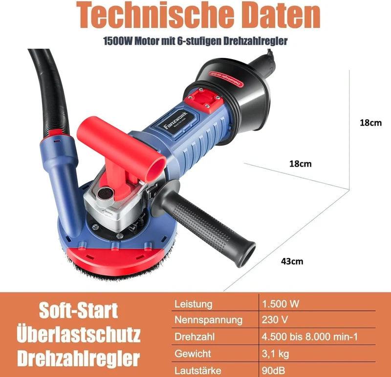 FANZWORK 1500W Betonschleifer Betonfräse Set, Drehzahlregelbar, inkl. Premium 2x125mm Diamantschleiftopf, Absaughaube, T-Förmiger Griff FZ-WB2304B