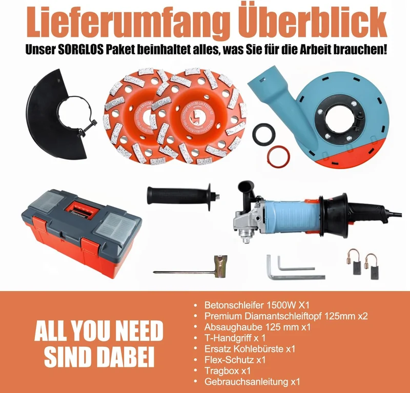 FANZWORK 1500W Betonschleifer Betonfräse Set, Drehzahlregelbar, inkl. Premium 2x125mm Diamantschleiftopf, Absaughaube, T-Förmiger Griff FZ-WB2304B